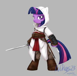 Size: 2550x2520 | Tagged: safe, artist:kvorias23, twilight sparkle, pony, g4, altair ibn la-ahad, assassin's creed, belt, bipedal, clothes, coat, crossover, female, gauntlet, hidden blade, high res, hood, looking at you, pants, robe, shoes, solo, sword, weapon