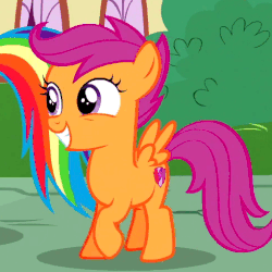 Size: 489x489 | Tagged: safe, screencap, rainbow dash, scootaloo, pony, g4, newbie dash, animated, cropped, cute, cutealoo, cutie mark, female, happy, solo focus, the cmc's cutie marks, trotting, trotting in place