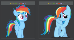 Size: 1258x684 | Tagged: safe, rainbow dash, derpibooru, g4, my little pony: friendship is magic, newbie dash, care mare, exploitable meme, filly, juxtaposition, juxtaposition win, meme, meta, surprised