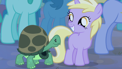 Size: 1280x720 | Tagged: safe, screencap, dinky hooves, pony, tortoise, unicorn, filli vanilli, g4, background pony, duo focus, female, filly, looking at each other, twee