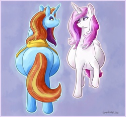 Size: 1280x1198 | Tagged: safe, artist:symplefable, fleur-de-lis, sassy saddles, pony, unicorn, g4, belly, big belly, female, fleurtility, lidded eyes, looking at each other, looking at someone, mare, pregnant