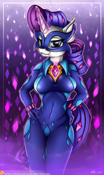 Size: 2160x3622 | Tagged: safe, artist:neko-me, radiance, rarity, anthro, g4, power ponies (episode), breasts, clothes, female, hand on hip, high res, legs together, magic, mask, patreon, patreon logo, power ponies, signature, solo, superhero