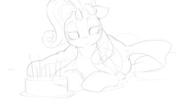 Size: 1280x720 | Tagged: safe, artist:bluedrg19, rarity, g4, birthday cake, cake, candle, female, floppy ears, food, lidded eyes, looking at you, lying down, monochrome, on side, plate, prone, sketch, smiling, solo