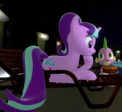 Size: 1500x1375 | Tagged: safe, artist:migueruchan, spike, starlight glimmer, dragon, pony, g4, 3d, beach chair, cake, chair, female, food, gmod, male, mare, night sky, plate, ship:sparlight, shipping, smiling, straight, swimming pool