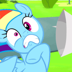 Size: 476x476 | Tagged: safe, screencap, rainbow dash, g4, newbie dash, animated, derp, female, gritted teeth, megaphone, messy mane, raised hoof, solo, this will end in deafness