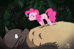 Size: 1024x683 | Tagged: safe, artist:joellethenose, pinkie pie, earth pony, pony, g4, crossover, cute, deviantart watermark, diapinkes, eyes closed, female, forest, grin, looking up, lying down, mare, my neighbor totoro, obtrusive watermark, on back, outdoors, raised hoof, signature, smiling, standing, studio ghibli, totoro, watermark