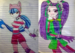 Size: 2512x1772 | Tagged: safe, artist:fantasygerard2000, aria blaze, sonata dusk, equestria girls, g4, my little pony equestria girls: friendship games, alternate clothes, cute, drawing, helmet, lined paper, looking at you, motocross outfit, photo, roller skates, smiling, speed skating, traditional art, wondercolts