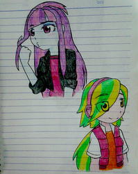 Size: 1449x1820 | Tagged: safe, artist:fantasygerard2000, lemon zest, sunny flare, equestria girls, g4, my little pony equestria girls: friendship games, alternate hairstyle, blushing, cute, drawing, lined paper, photo, smiling, traditional art