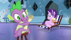 Size: 1280x720 | Tagged: safe, screencap, spike, starlight glimmer, g4, the crystalling, aweeg*, beach chair, chair, food, popcorn, scroll, sitting