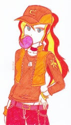 Size: 1691x2957 | Tagged: safe, artist:deeemperor, sunset shimmer, equestria girls, g4, bubblegum, casual, choker, female, food, gum, ponytail, solo, traditional art, wondercolts