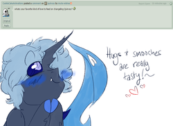 Size: 1024x745 | Tagged: safe, artist:mute-wishes, oc, oc only, oc:quincey, changeling, blue changeling, blushing, changeling oc, comments, cute, cuteling, deviantart, heart, male, smiling, solo