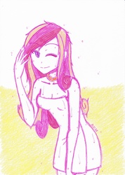 Size: 2480x3492 | Tagged: safe, artist:deeemperor, princess cadance, g4, bath, breasts, cleavage, female, high res, naked towel, solo, towel, traditional art, wet, wink