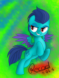 Size: 1024x1365 | Tagged: safe, artist:recordmelodie, princess ember, pegasus, pony, g4, bedroom eyes, colored wings, colored wingtips, cute, female, freckles, grin, looking at you, ponified, ponified ember, rearing, smirk, solo, spread wings