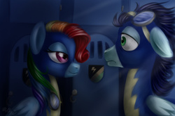 Size: 1500x1000 | Tagged: safe, artist:mollyez, rainbow dash, soarin', pony, g4, newbie dash, female, male, rainbow fash, scene interpretation, wonderbolts uniform