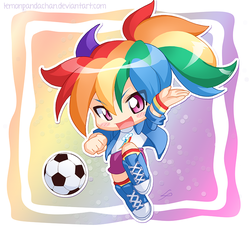 Size: 800x734 | Tagged: safe, artist:lemonpandachan, rainbow dash, equestria girls, g4, chibi, female, football, human coloration, solo