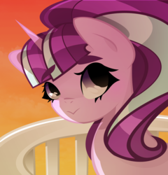 Size: 1280x1335 | Tagged: safe, artist:vivian reed, starlight glimmer, g4, :>, balcony, bust, female, looking at you, looking back, solo