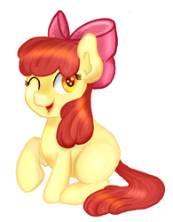 Size: 1001x1285 | Tagged: safe, artist:cosmocatcrafts, apple bloom, earth pony, pony, g4, adorabloom, cute, female, filly, foal, open mouth, simple background, solo, white background, wink