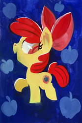Size: 1000x1500 | Tagged: safe, artist:talonsofwater, apple bloom, earth pony, pony, g4, apple, cutie mark, female, filly, foal, food, painting, solo, the cmc's cutie marks, traditional art