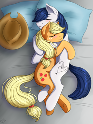 Size: 2820x3756 | Tagged: safe, artist:nothingspecialx9, applejack, oc, oc:constance everheart, earth pony, pony, g4, bed, blushing, canon x oc, cuddling, duo, everjack, female, high res, male, pillow, shipping, sleeping, snuggling, straight