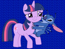 Size: 1076x816 | Tagged: safe, artist:majkashinoda626, twilight sparkle, g4, crossover, hug, lilo and stitch, stitch, this will end in pain and/or death, this will end in tears and/or death