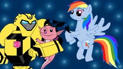 Size: 1251x704 | Tagged: safe, artist:majkashinoda626, rainbow dash, g4, american dragon jake long, bumblebee (transformers), crossover, haley long, transformers