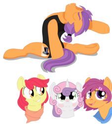 Size: 1115x1227 | Tagged: safe, artist:dbkit, apple bloom, scootaloo, sweetie belle, tender taps, earth pony, pegasus, pony, unicorn, g4, backbend, blushing, clothes, cutie mark crusaders, female, flexible, leotard, male, mare, older, older tender taps, shipping, simple background, stallion, story included, straight, tenderbelle, transparent background