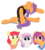 Size: 1115x1227 | Tagged: safe, artist:dbkit, apple bloom, scootaloo, sweetie belle, tender taps, earth pony, pegasus, pony, unicorn, g4, backbend, blushing, clothes, cutie mark crusaders, female, flexible, leotard, male, mare, older, older tender taps, shipping, simple background, stallion, story included, straight, tenderbelle, transparent background