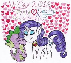 Size: 2172x1920 | Tagged: safe, artist:gilster262, rarity, spike, g4, cuddling, eyes closed, female, hearts and hooves day, male, ship:sparity, shipping, snuggling, straight, traditional art, valentine's day