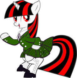 Size: 1006x1024 | Tagged: safe, artist:barrfind, editor:icy shake, oc, oc only, oc:blackjack, pony, unicorn, fallout equestria, fallout equestria: project horizons, bipedal, clothes, dress, fanfic, fanfic art, female, hooves, horn, looking at you, mare, open mouth, school uniform, simple background, solo, transparent background