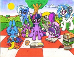 Size: 2205x1700 | Tagged: safe, artist:artponymdp, derpy hooves, dj pon-3, rainbow dash, spike, starlight glimmer, trixie, twilight sparkle, vinyl scratch, alicorn, pony, g4, book, counterparts, eating, female, food, lineart, magical trio, mare, muffin, picnic, twilight sparkle (alicorn), twilight's counterparts