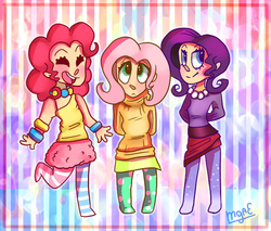 Size: 670x570 | Tagged: safe, artist:mariogamesandenemies, fluttershy, pinkie pie, rarity, human, g4, clothes, cute, humanized, missing shoes, necklace, pantyhose, skirt, socks, striped pantyhose, striped socks, sweater, sweatershy