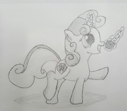 Size: 2381x2100 | Tagged: safe, artist:darelith, sweetie belle, g4, cute, cutie mark, diasweetes, female, high res, magic, microphone, monochrome, open mouth, pencil drawing, singing, solo, the cmc's cutie marks, traditional art
