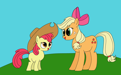 Size: 3150x1954 | Tagged: safe, artist:darelith, apple bloom, applejack, g4, accessory swap, open mouth, sisters
