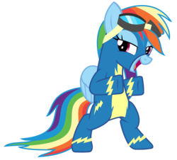 Size: 2956x2672 | Tagged: safe, artist:sketchmcreations, rainbow dash, pony, g4, newbie dash, bipedal, female, goggles, high res, inkscape, looking at you, open mouth, simple background, solo, transparent background, vector, wonderbolts uniform