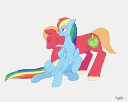 Size: 999x799 | Tagged: safe, artist:ruirik, big macintosh, rainbow dash, earth pony, pony, g4, commission, cuddling, drunk, drunker dash, male, ship:rainbowmac, shipping, snuggling, stallion, straight