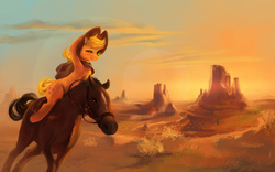 Size: 1920x1200 | Tagged: safe, artist:fruitbloodmilkshake, applejack, earth pony, horse, pony, g4, bandana, bridle, butte, cloak, clothes, cowboy, cowboy hat, desert, featured image, female, hat, horse-pony interaction, looking at you, mare, monument valley, one eye closed, ponies riding horses, reins, riding, scenery, smiling, solo, sunset, tack, wink, your argument is invalid