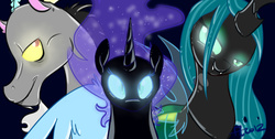 Size: 1366x686 | Tagged: safe, artist:cosmic-rust, discord, nightmare moon, queen chrysalis, alicorn, changeling, changeling queen, draconequus, pony, g4, ethereal mane, fangs, female, glowing, glowing eyes, transparent wings, wings