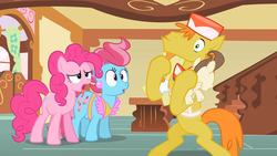 Size: 1280x720 | Tagged: safe, screencap, carrot cake, cup cake, pinkie pie, pound cake, pumpkin cake, baby cakes, g4, tongue out