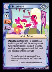 Size: 358x500 | Tagged: safe, enterplay, apple bloom, big macintosh, earth pony, pony, brotherhooves social, g4, marks in time, my little pony collectible card game, ccg, crossdressing, male, merchandise, orchard blossom, quote, stallion