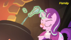 Size: 1280x720 | Tagged: safe, screencap, snowfall frost, starlight glimmer, a hearth's warming tail, g4, cauldron, clothes, discovery family logo, eyes closed, female, glasses, levitation, magic, open mouth, smiling, solo, telekinesis