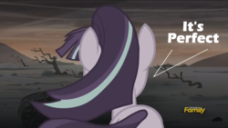 Size: 1273x718 | Tagged: safe, edit, edited screencap, screencap, starlight glimmer, g4, the cutie re-mark, alternate timeline, ashlands timeline, barren, discovery family logo, end of the world, female, implied genocide, post-apocalyptic, snaplight glimmer, solo, wasteland