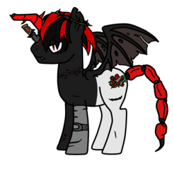 Size: 900x880 | Tagged: artist needed, source needed, safe, oc, oc only, alicorn, bat pony, bat pony alicorn, pony, barbed wire, blood, crown of thorns, donut steel, edgy, knife, ow the edge, red and black oc, scared, scorpion tail, solo
