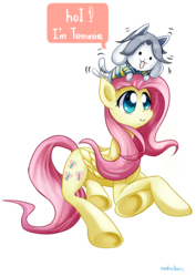 Size: 2894x4093 | Tagged: safe, artist:roshichen, fluttershy, pegasus, pony, temmie, g4, crossover, duo, high res, hoi, on head, simple background, transparent background, undertale, weapons-grade cute