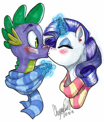 Size: 1280x1493 | Tagged: safe, artist:whisperseas, rarity, spike, dragon, pony, unicorn, g4, 2015, blushing, clothes, cute, dated, duo, eyes closed, female, glowing horn, horn, kiss on the lips, kissing, magic, male, mare, older, older spike, scarf, ship:sparity, shipping, signature, straight, traditional art, watermark