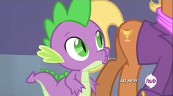 Size: 1100x618 | Tagged: safe, screencap, ms. harshwhinny, spike, equestria games (episode), g4, all new, eyes on the prize, hub logo, out of context