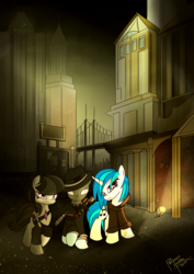 Size: 3144x4444 | Tagged: safe, artist:pedrohander, dj pon-3, octavia melody, vinyl scratch, oc, earth pony, pony, unicorn, g4, high res, manehattan, noir, request