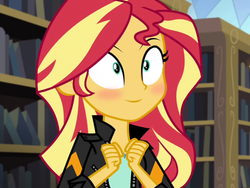 Size: 703x528 | Tagged: safe, edit, edited screencap, screencap, sunset shimmer, equestria girls, g4, my little pony equestria girls: friendship games, blushing, inverted mouth