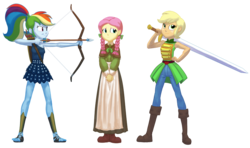 Size: 1823x1080 | Tagged: safe, artist:carnifex, applejack, fluttershy, rainbow dash, fanfic:the journey, equestria girls, g4, archer dash, archery, arrow, boots, bow (weapon), bow and arrow, clothes, commission, fanfic art, hands together, pants, pigtails, ponytail, short hair, sword, trio, weapon, zweihander