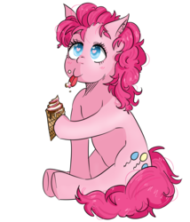 Size: 1809x2118 | Tagged: safe, artist:kawaiifishu, pinkie pie, pony, g4, blushing, female, food, heart eyes, hoof hold, ice cream, ice cream cone, simple background, solo, tongue out, transparent background, wingding eyes