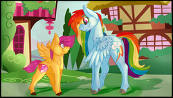 Size: 1024x577 | Tagged: safe, artist:princess-lynx, rainbow dash, scootaloo, pegasus, pony, g4, backwards cutie mark, cute, cutealoo, cutie mark, dashabetes, duo, duo female, female, grass, looking at each other, looking at someone, ponyville, scootalove, the cmc's cutie marks